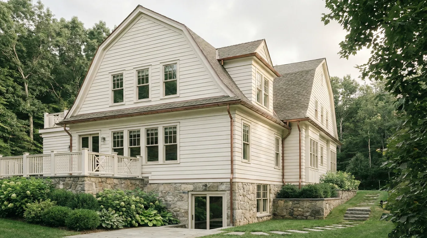 Structural engineering for a custom home in Greater Boston Massachusetts — transitional colonial with overlapping gambrel roofs