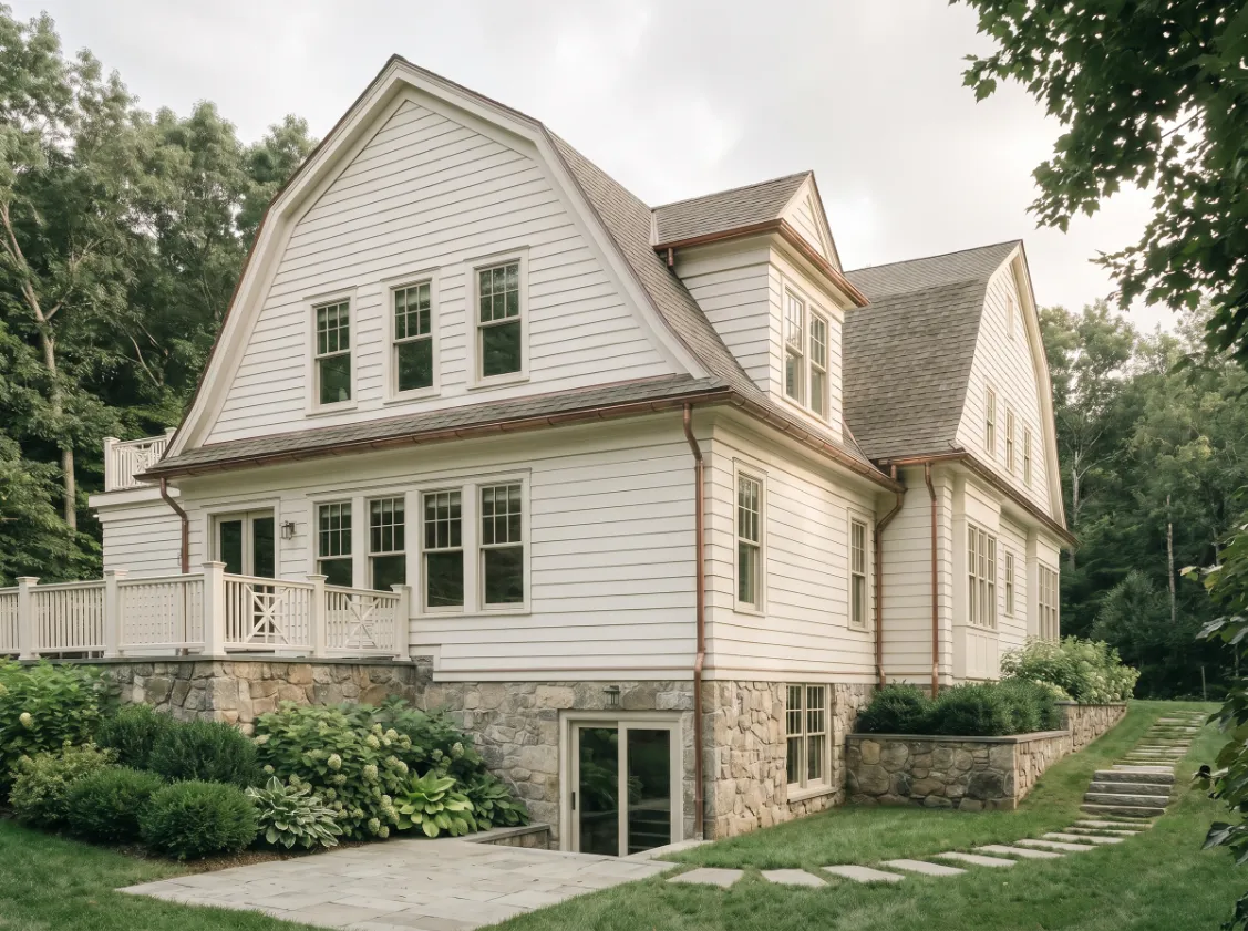 Transitional colonial gambrel in Wellesley, Massachusetts, side elevation