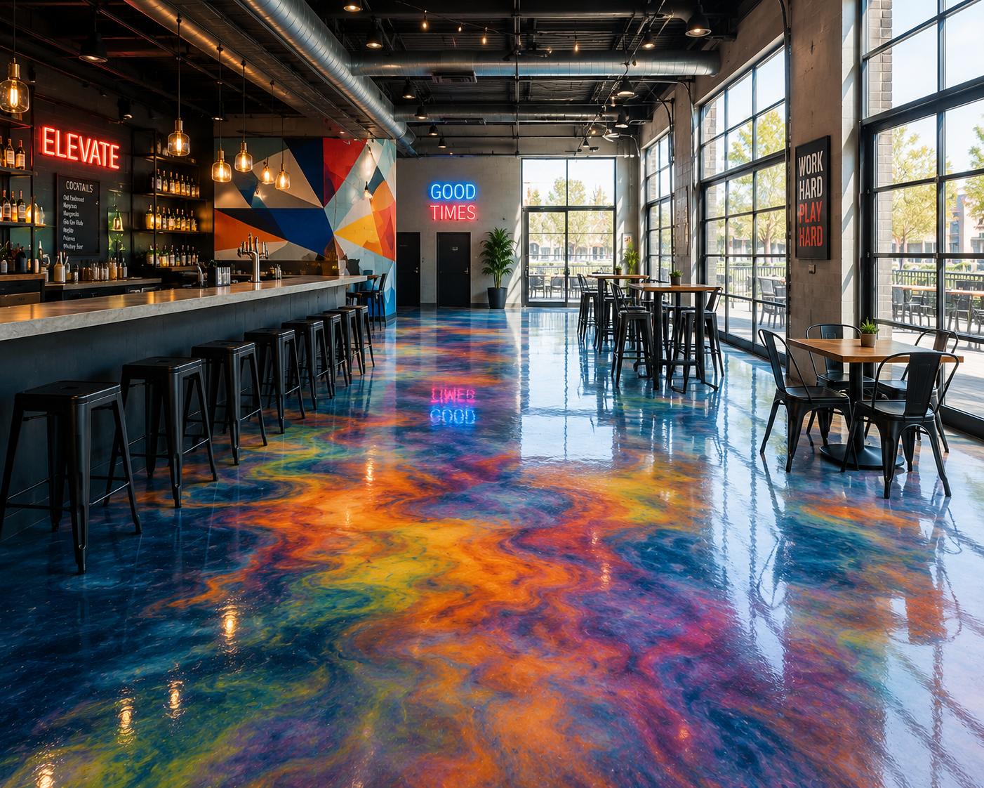 Metallic epoxy floor in a club and entertainment venue