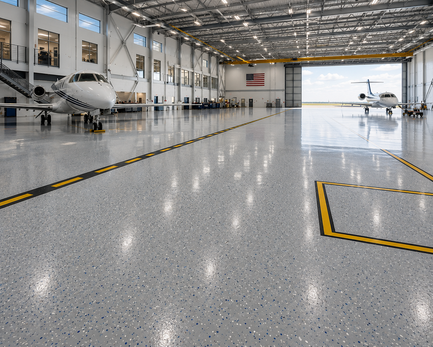 Coated floor in an airplane hangar