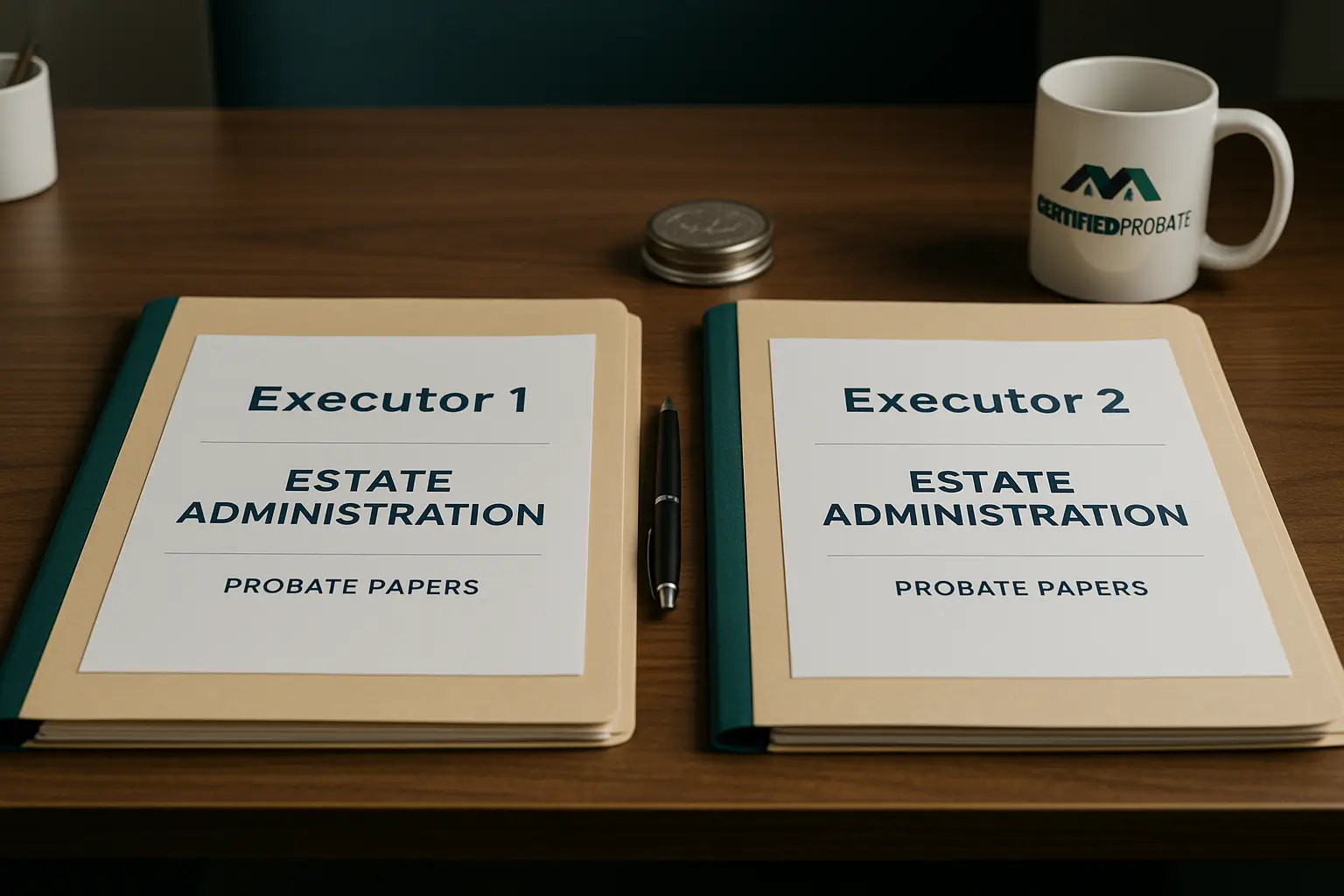 Two organized executor folders side by side on a professional office desk representing shared probate responsibilities.