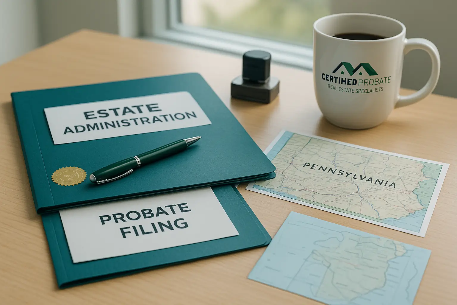 Estate documents and Pennsylvania map on an office desk representing Certified Probate Real Estate Specialists’ guidance for out-of-state executors.