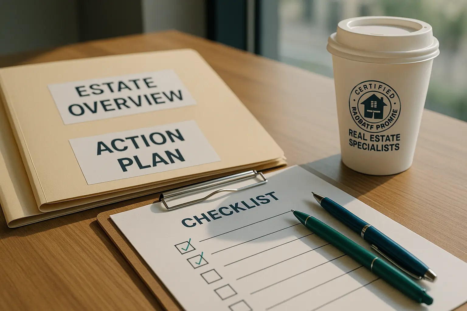 Organized estate consultation documents and checklist representing Certified Probate Real Estate Specialists’ personalized executor assessment services.