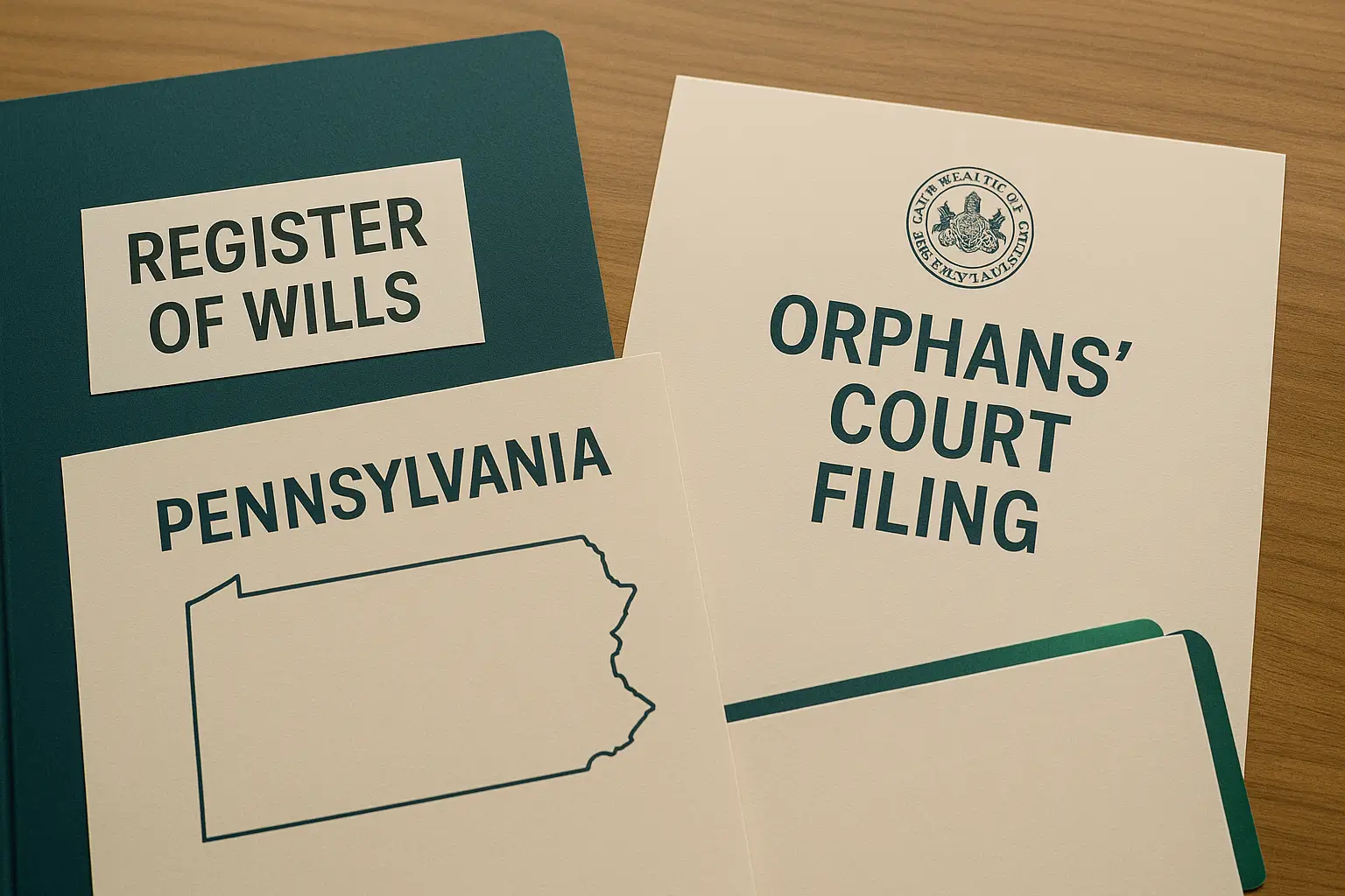Probate court documents and Pennsylvania map illustrating Certified Probate Real Estate Specialists’ guidance through the Register of Wills and Orphans’ Court process.