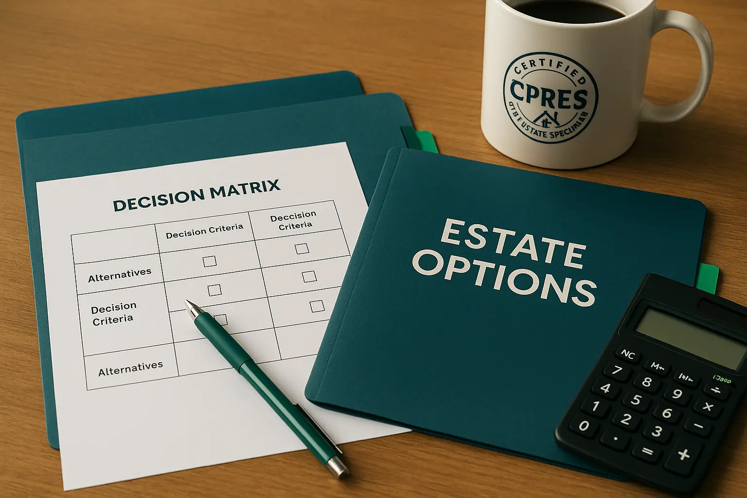 Estate decision matrix and financial documents symbolizing Certified Probate Real Estate Specialists’ professional support for executor decision-making.