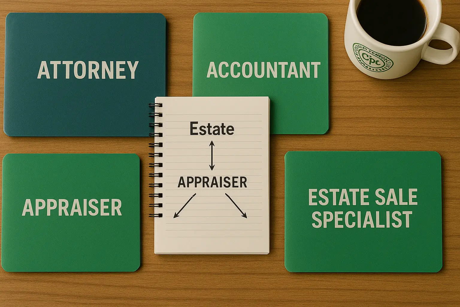 Interconnected estate service folders representing Certified Probate Real Estate Specialists’ coordination with attorneys, accountants, and appraisers.