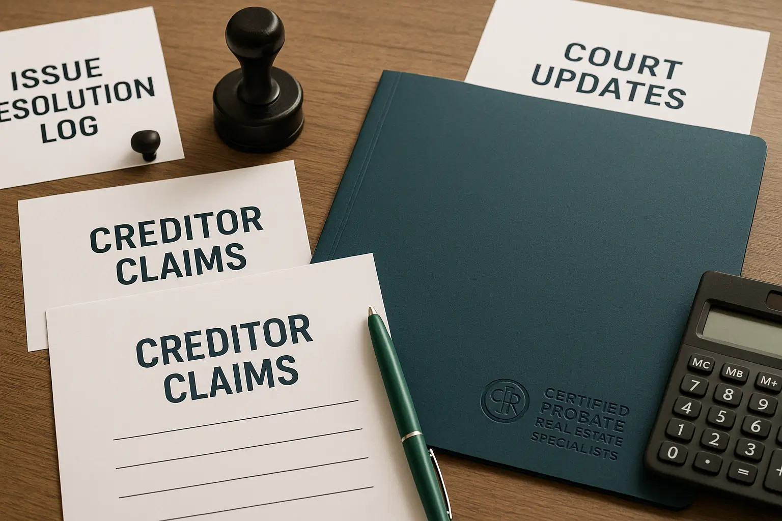 Organized estate problem-solving documents and notary seal representing Certified Probate Real Estate Specialists’ ongoing probate support in Pennsylvania.