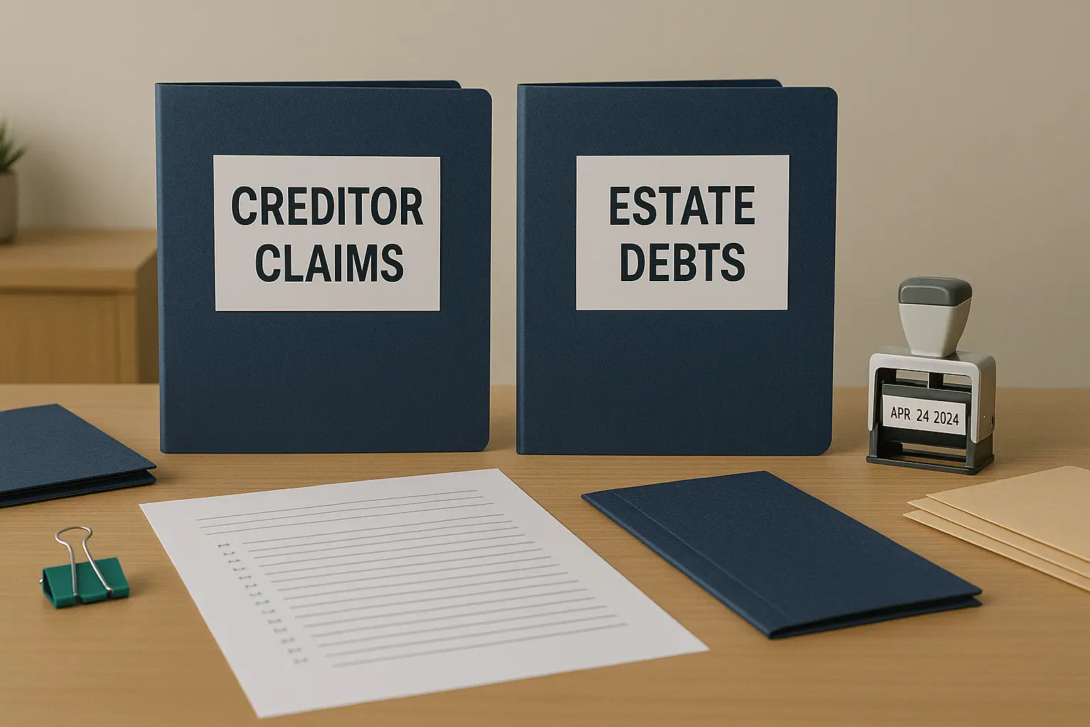 Creditor claims and estate debt folders organized on a modern office desk symbolizing the claims period of probate in Pennsylvania.