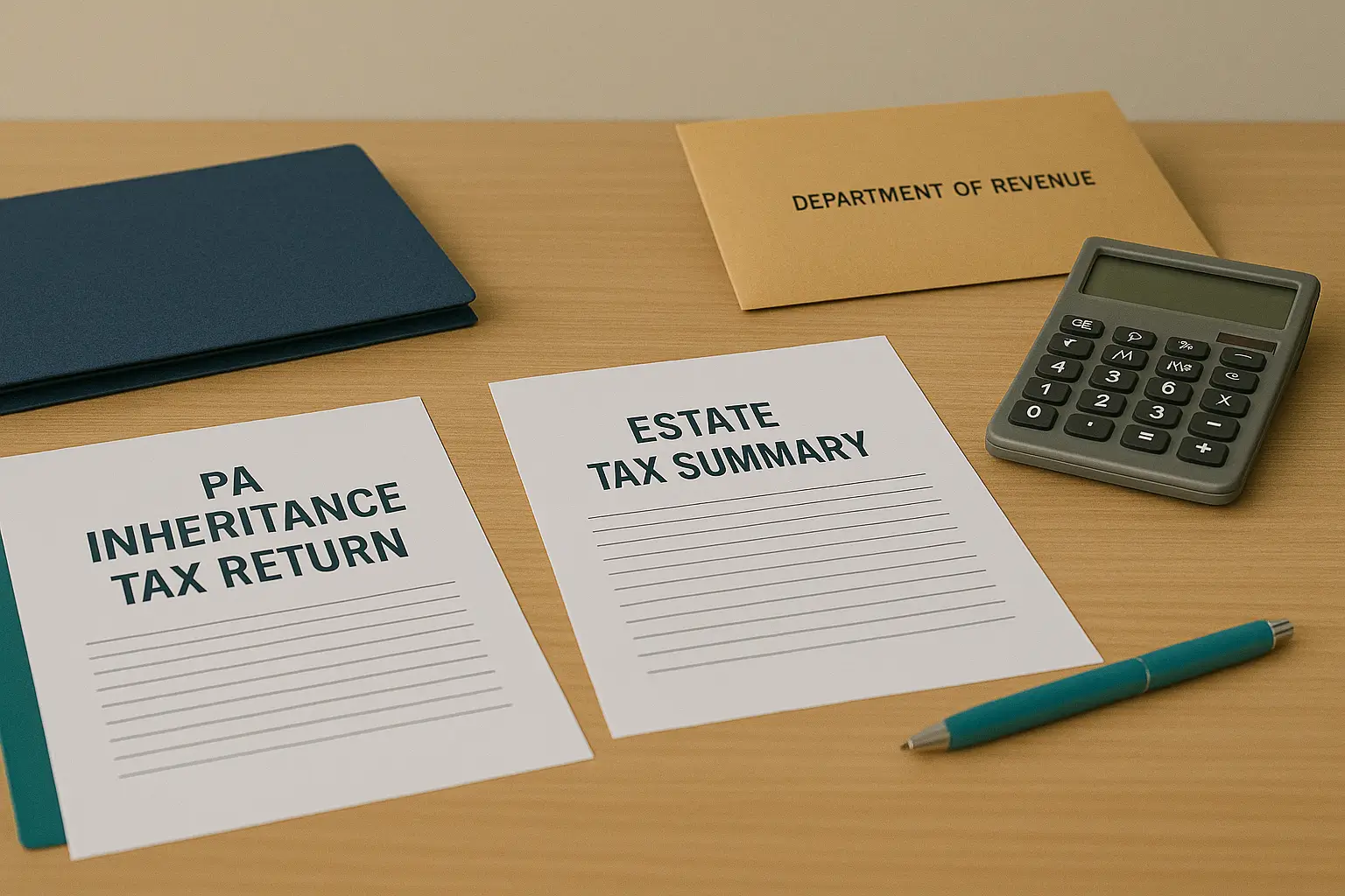 Pennsylvania inheritance tax return and estate tax compliance forms arranged on a clean modern desk.