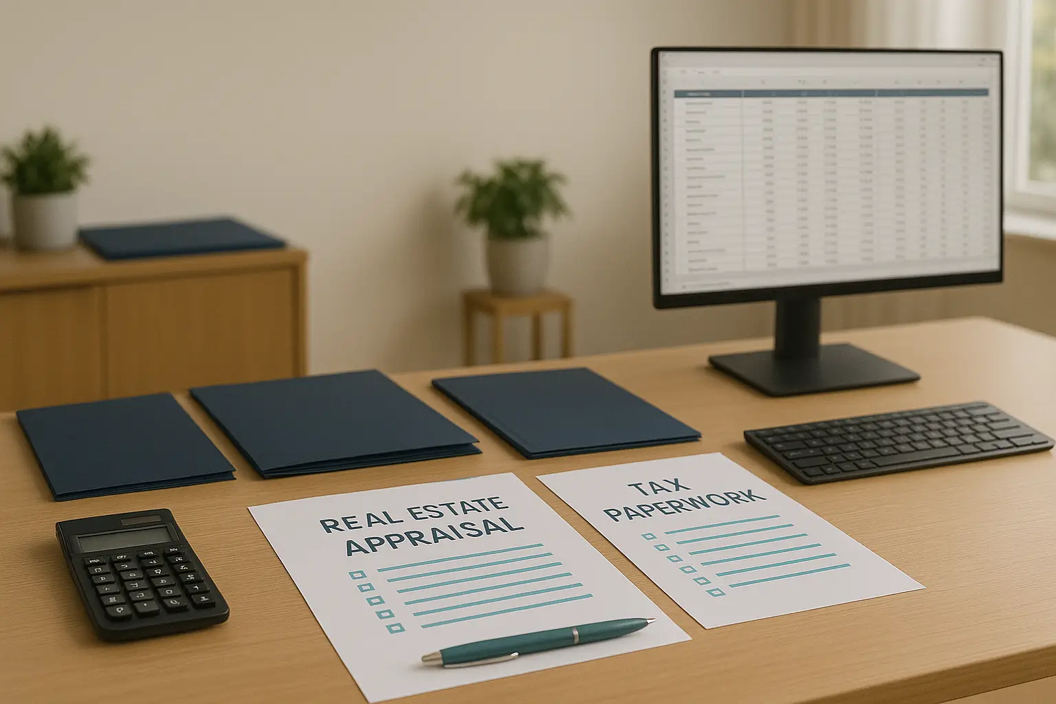 Organized estate asset inventory and inheritance tax documents displayed on a modern desk with navy and teal accents.