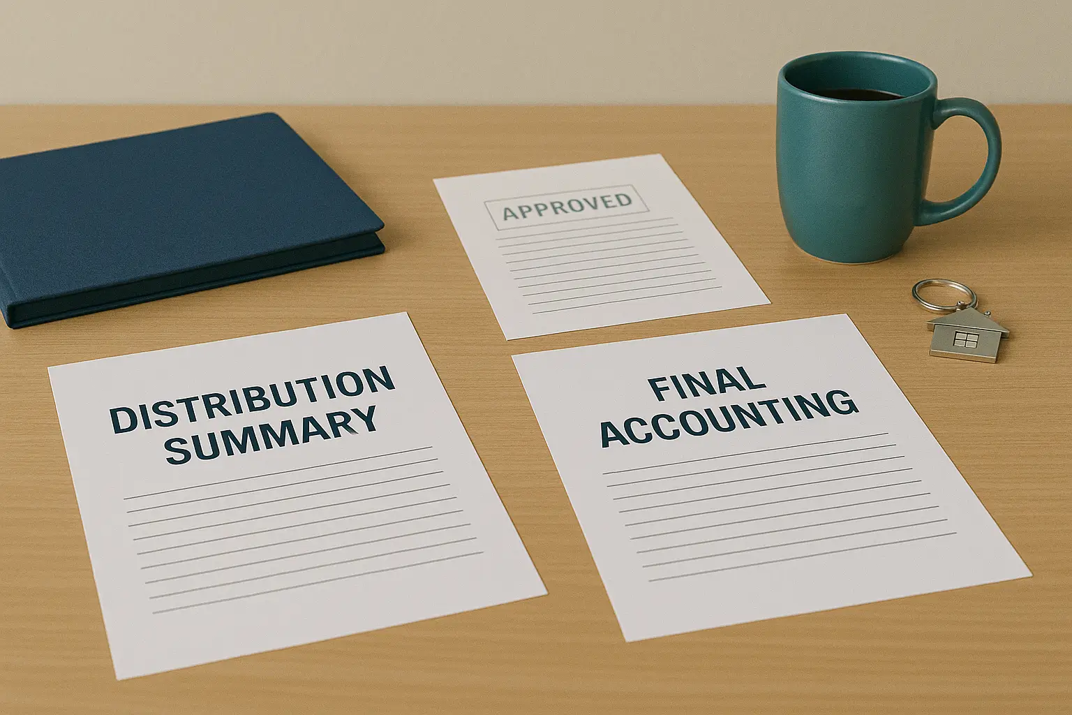 Final estate distribution and accounting documents neatly stacked on a desk with teal and navy branding elements.