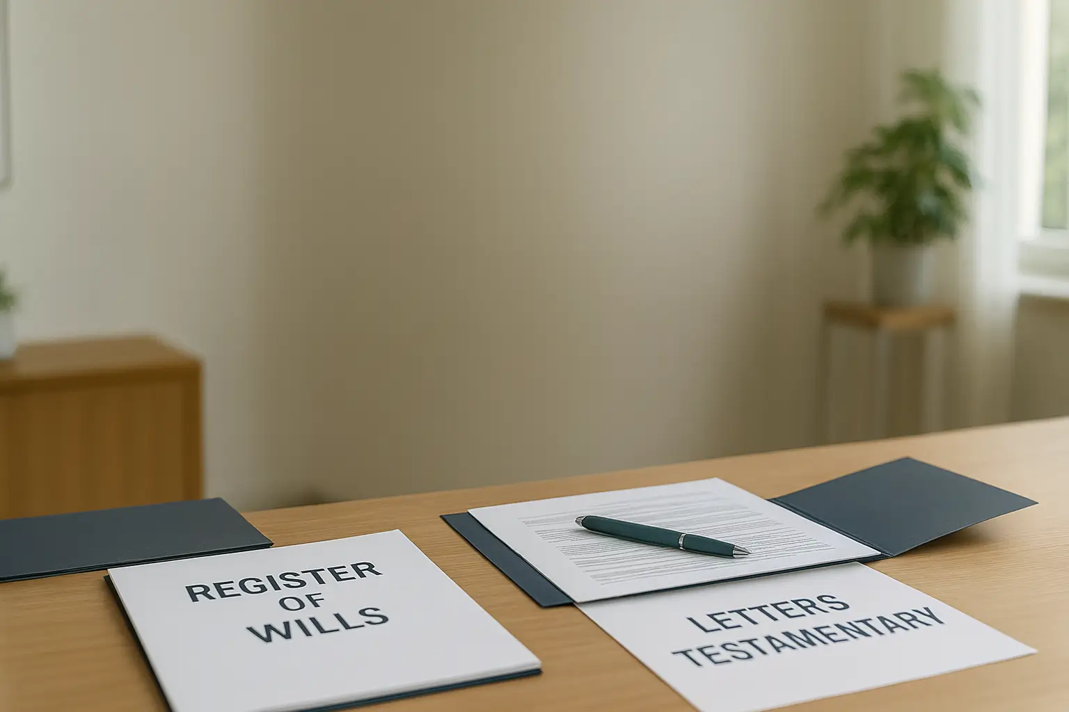 Neatly arranged probate filing documents labeled Register of Wills and Letters Testamentary on a modern office desk in Pennsylvania.
