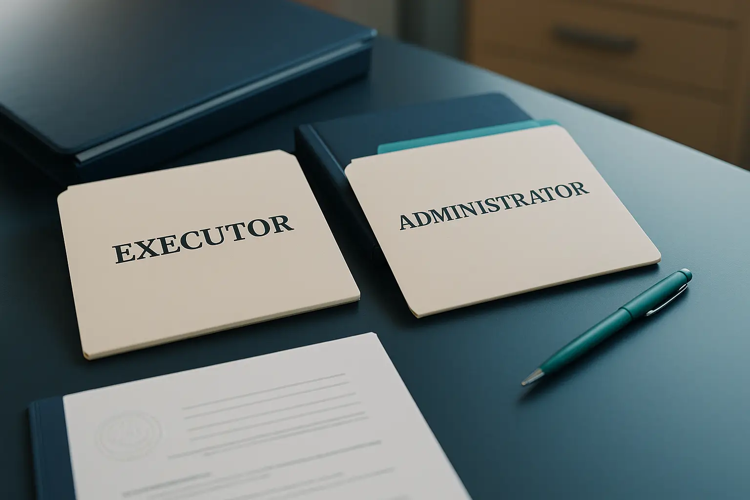 Two labeled folders marked Executor and Administrator on a navy desk with teal accents representing probate management roles in Pennsylvania.