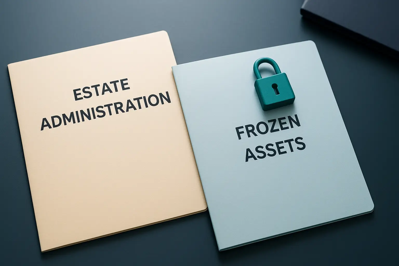 Closed estate administration folders with teal paperclip and lock symbolizing paused probate and frozen assets in Pennsylvania.