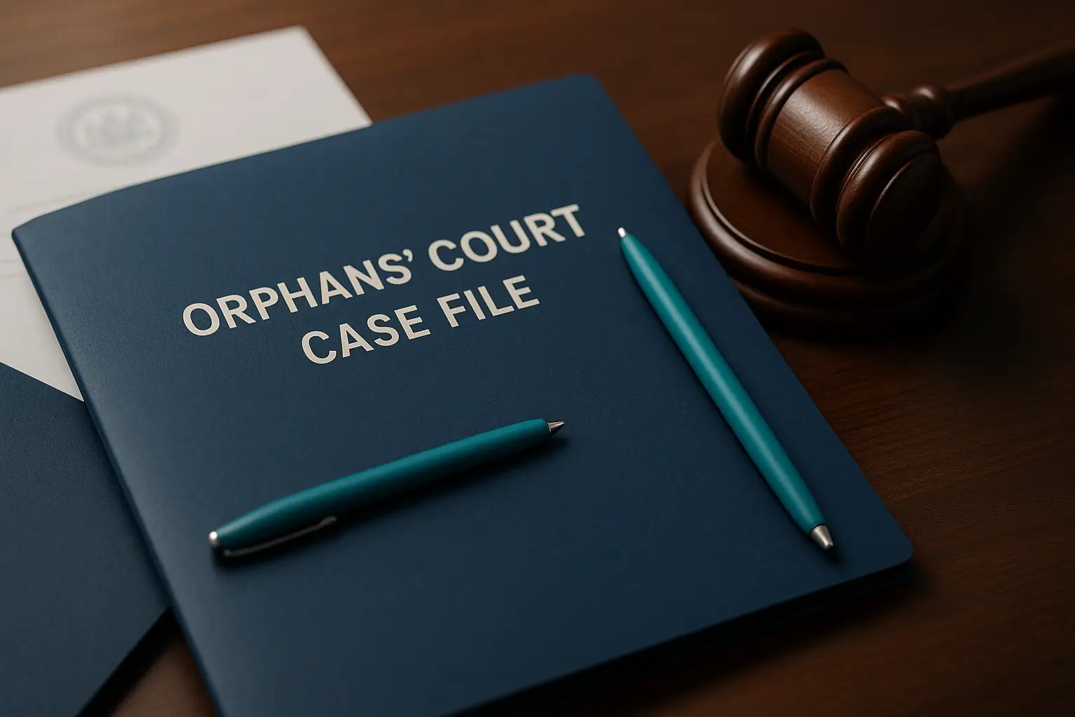 Gavel and Orphans Court case file on navy desk representing Pennsylvania probate judicial review process.