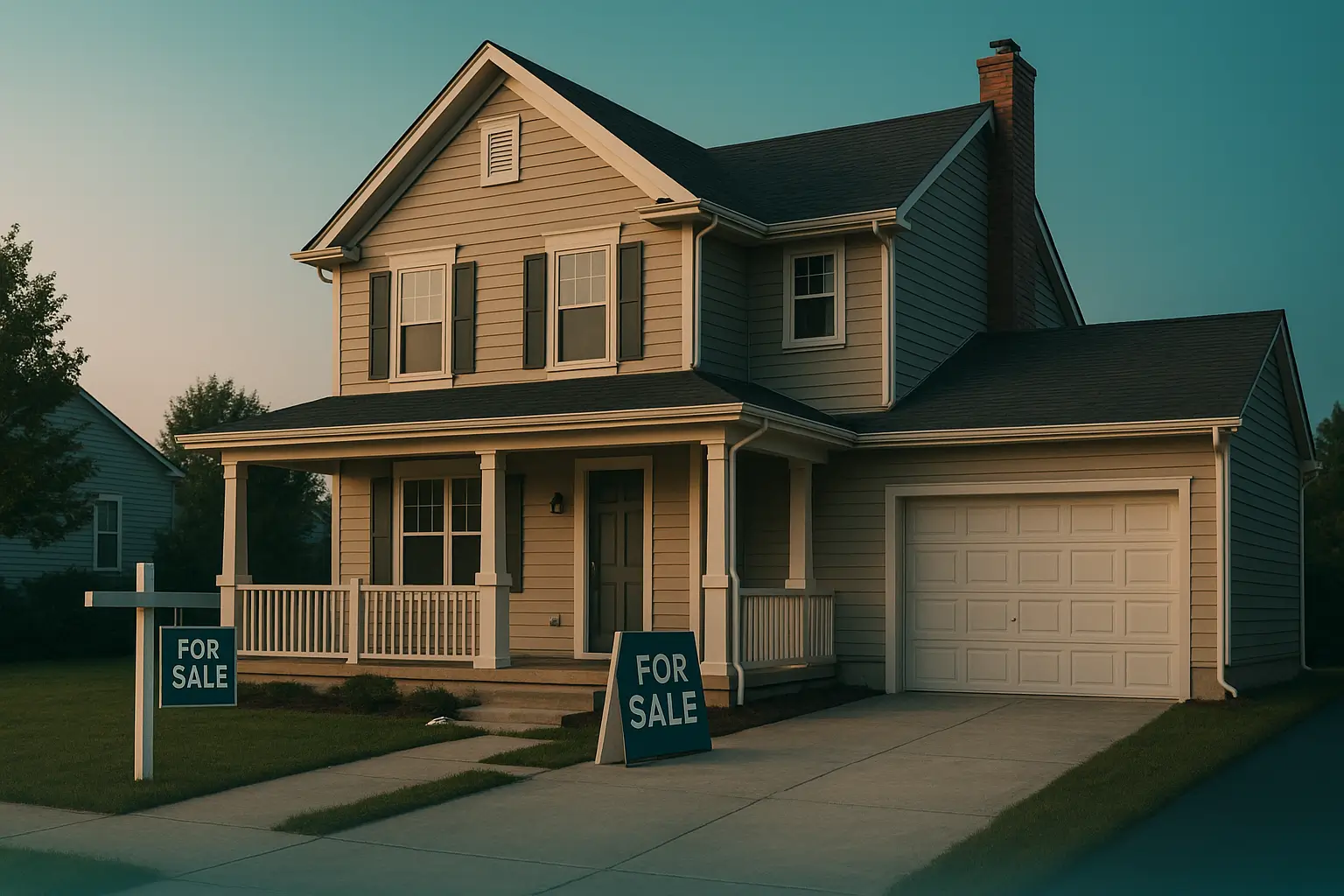Vacant Pennsylvania home exterior with For Sale sign symbolizing inherited property sitting in limbo during a will contest.