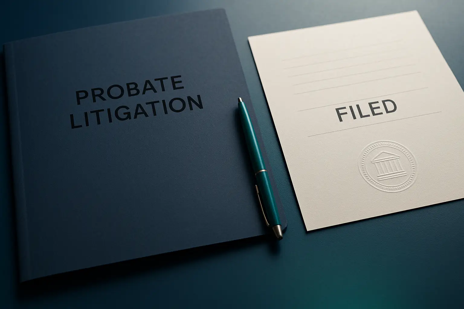 Navy folder labeled Probate Litigation with teal pen and legal document symbolizing hiring an attorney for probate disputes in Pennsylvania.