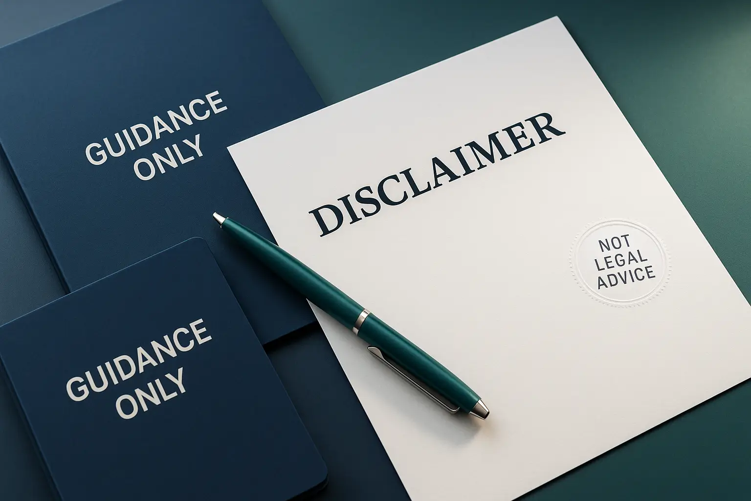 Document labeled Disclaimer with teal pen and navy folder symbolizing that PA Probate Help does not provide legal advice.