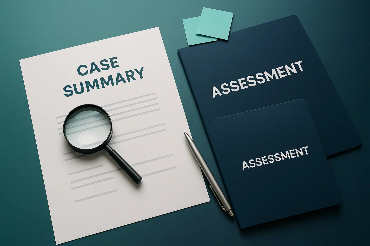 Document labeled Case Summary with magnifying glass and navy folder symbolizing objective assessment of probate situations in Pennsylvania.