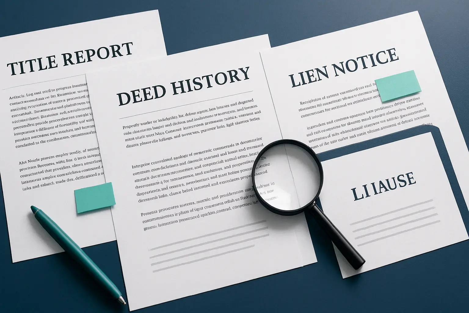 Overlapping title and deed documents with magnifying glass and teal pen symbolizing examination and resolution of estate title issues in Pennsylvania.