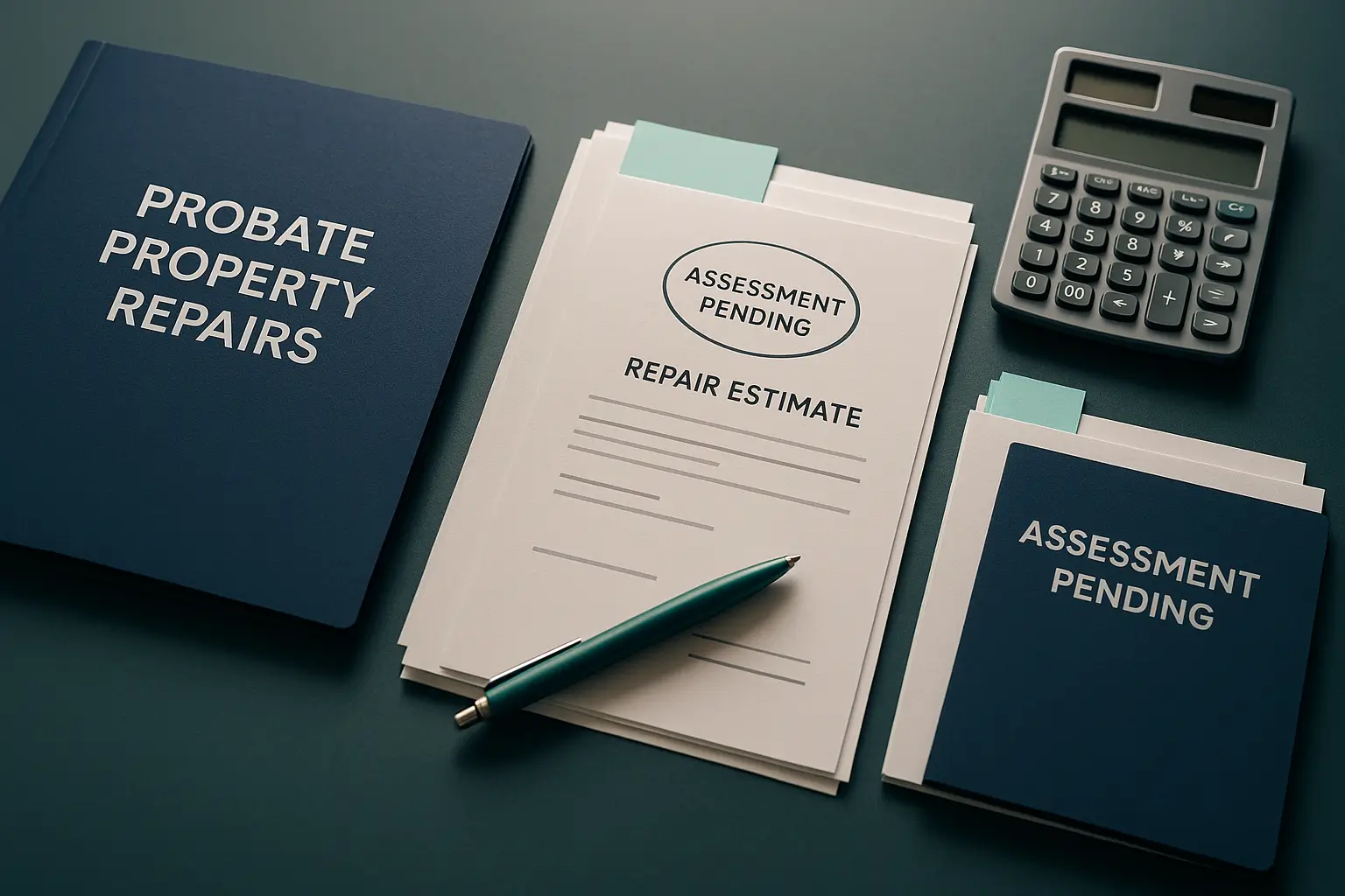 Folder labeled Probate Property Repairs with documents, pen, and calculator symbolizing assessment of costly estate repairs in Pennsylvania.