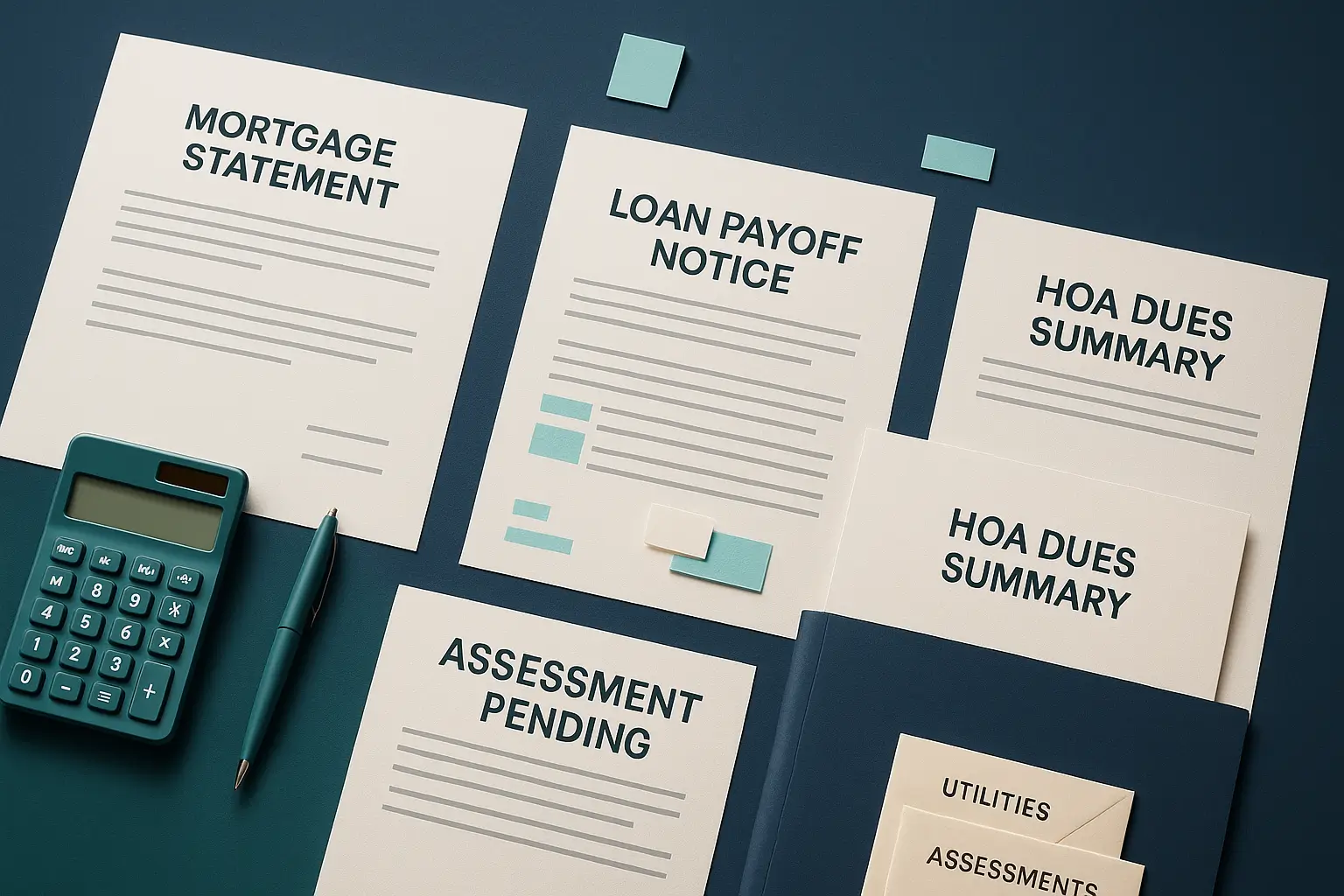 Mortgage and loan documents with calculator and envelopes on navy desk symbolizing estate property financial burdens and resolution in Pennsylvania probate.