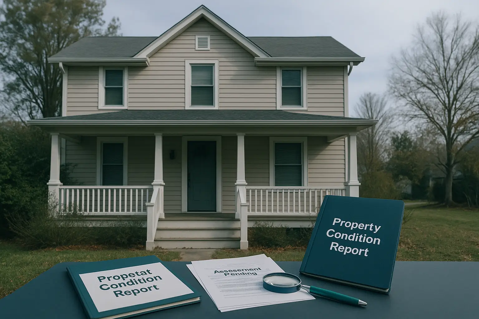 Exterior of slightly overgrown Pennsylvania home with property condition report on porch symbolizing assessment and planning for neglected estate property.