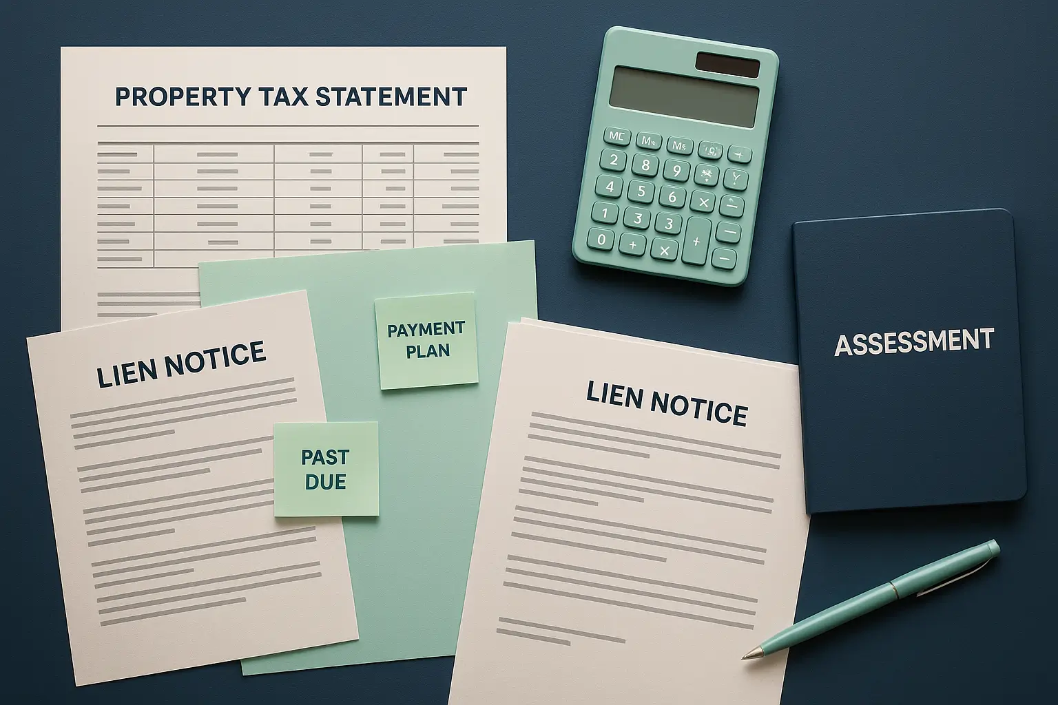 Property tax documents, calculator, and sticky notes on navy desk symbolizing estate property tax problems and resolution in Pennsylvania.