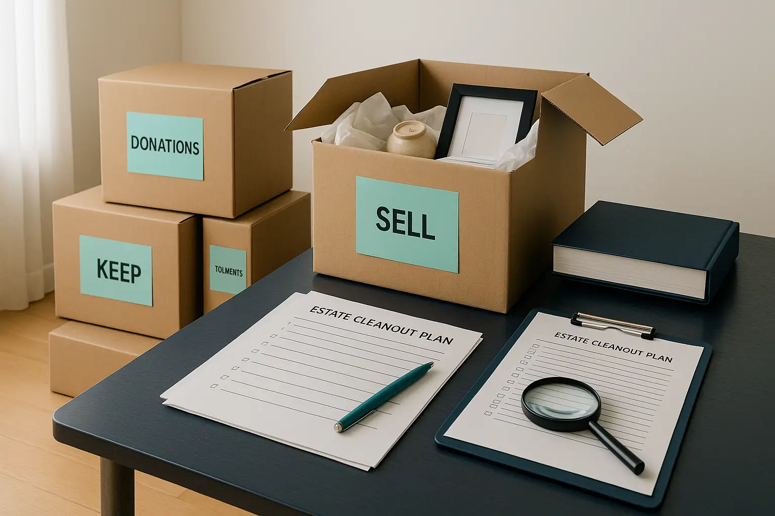 Organized moving boxes labeled Donations, Keep, Sell, and Documents with a navy clipboard checklist symbolizing estate cleanout coordination in Pennsylvania probate.