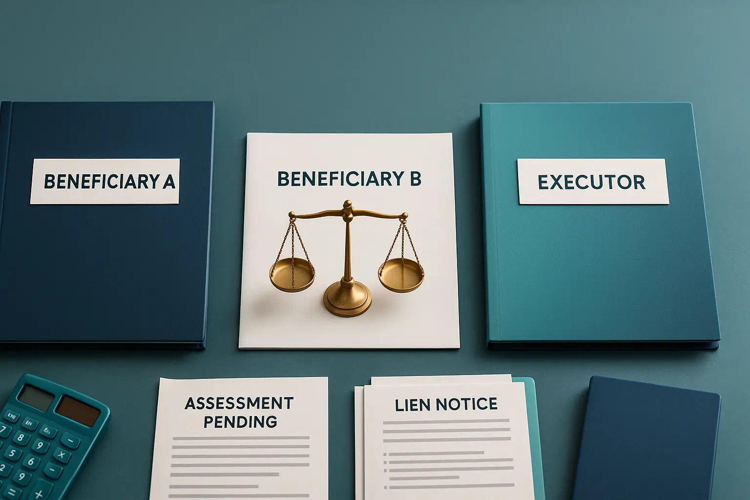 Folders labeled Beneficiary A, Beneficiary B, and Executor with balanced scales symbolizing neutrality and resolution of estate disputes in Pennsylvania probate.