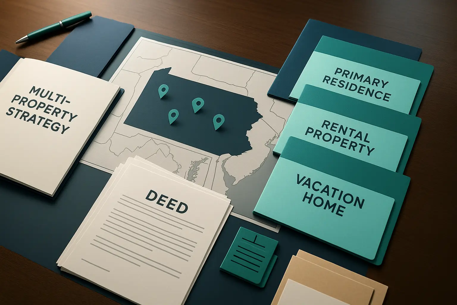 Estate planning folder, property documents, and map with teal pins symbolizing organization and coordination of multiple estate properties in Pennsylvania probate.