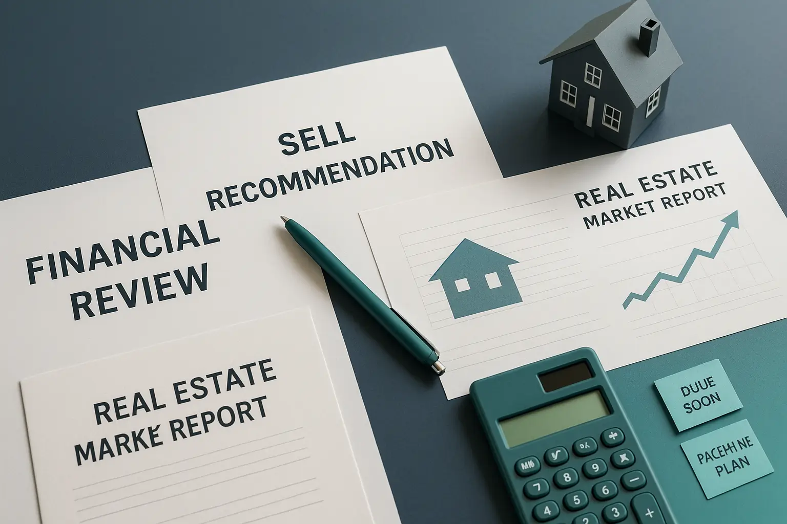 Real estate market report, valuation sheet, calculator, and house model on navy desk symbolizing financial and strategic indicators for selling estate property in Pennsylvania.