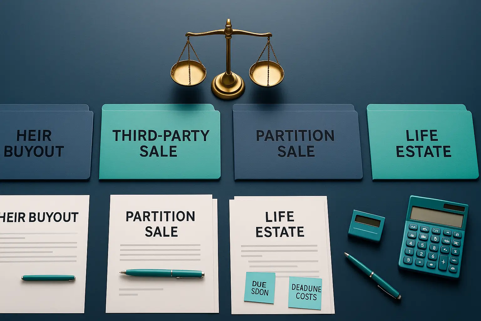 Documents labeled Heir Buyout, Third-Party Sale, Partition Sale, and Life Estate with calculator and scales of justice on navy desk symbolizing estate settlement alternatives in Pennsylvania probate.