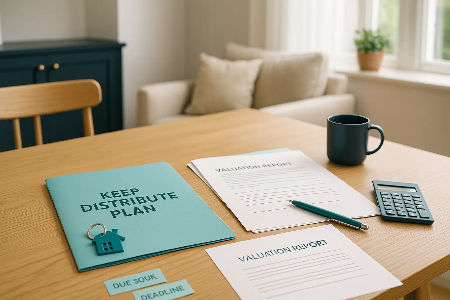 Estate folder labeled Keep Distribute Plan with house key and valuation report on table symbolizing stability and decision to retain property in Pennsylvania probate.
