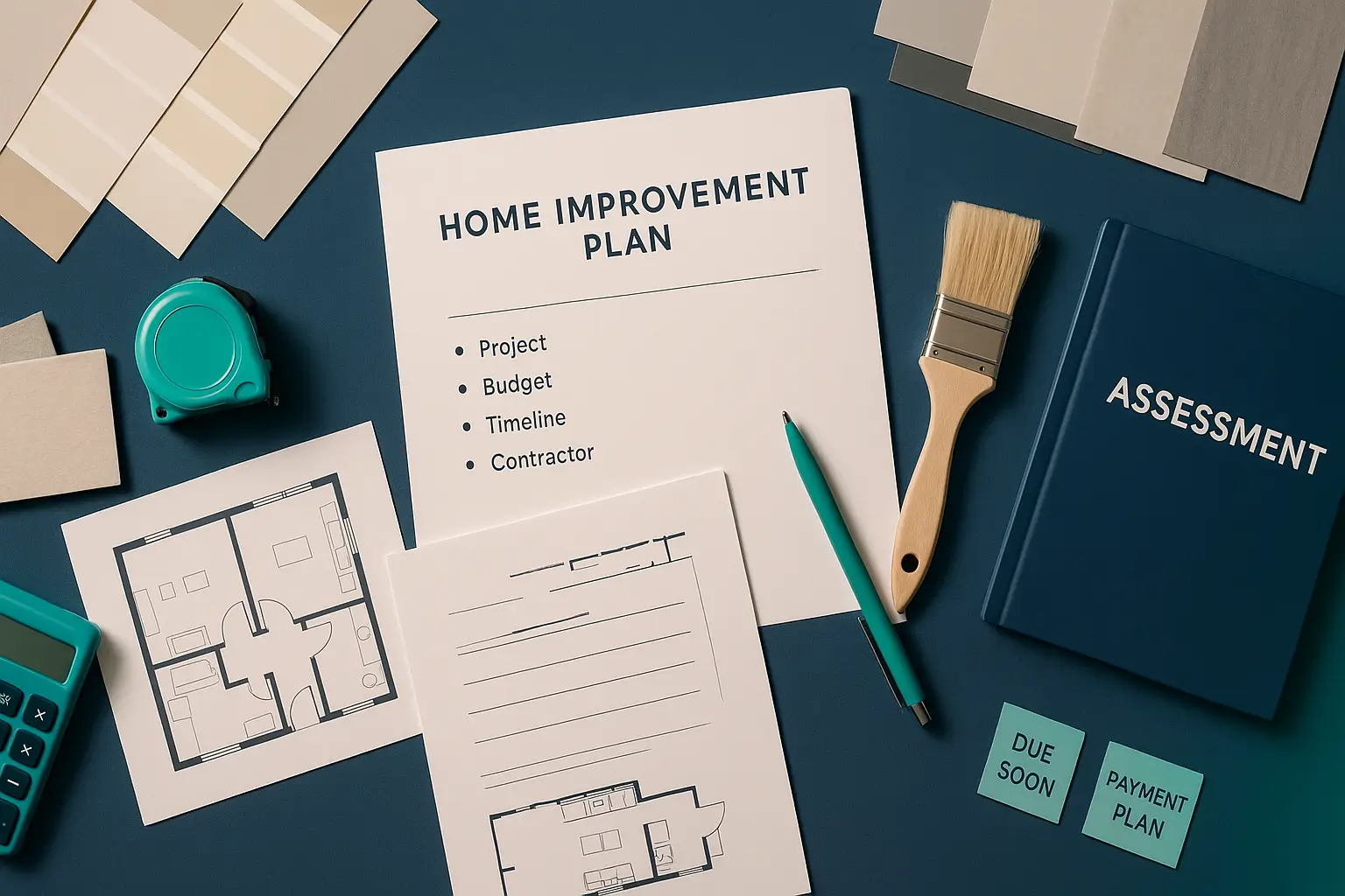 Home improvement planning documents with paint swatches, tape measure, and pen on navy desk symbolizing estate property preparation and repair planning in Pennsylvania probate.