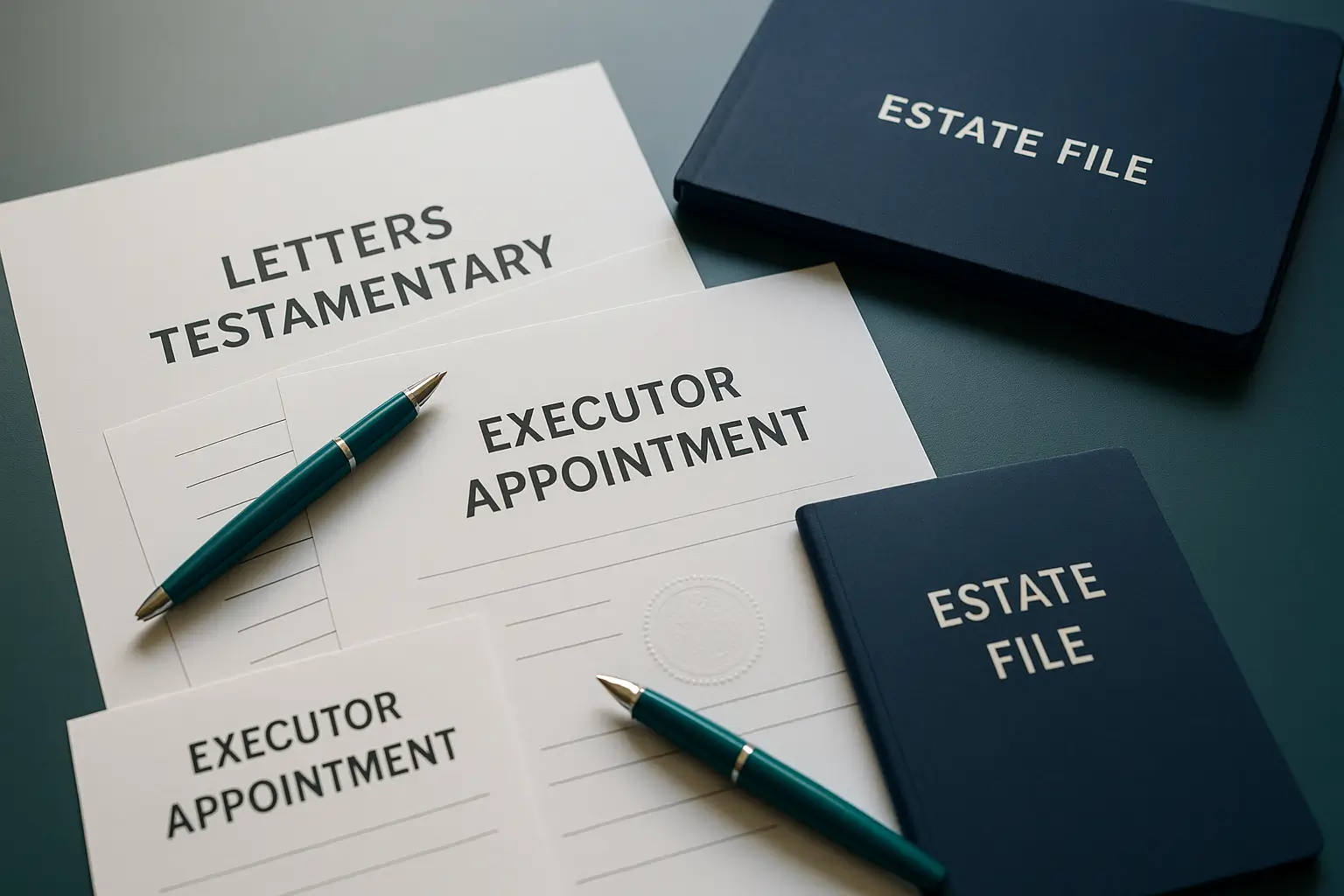 Estate documents labeled Letters Testamentary and Executor Appointment with teal pen and navy folder symbolizing the start of probate authority in Pennsylvania.