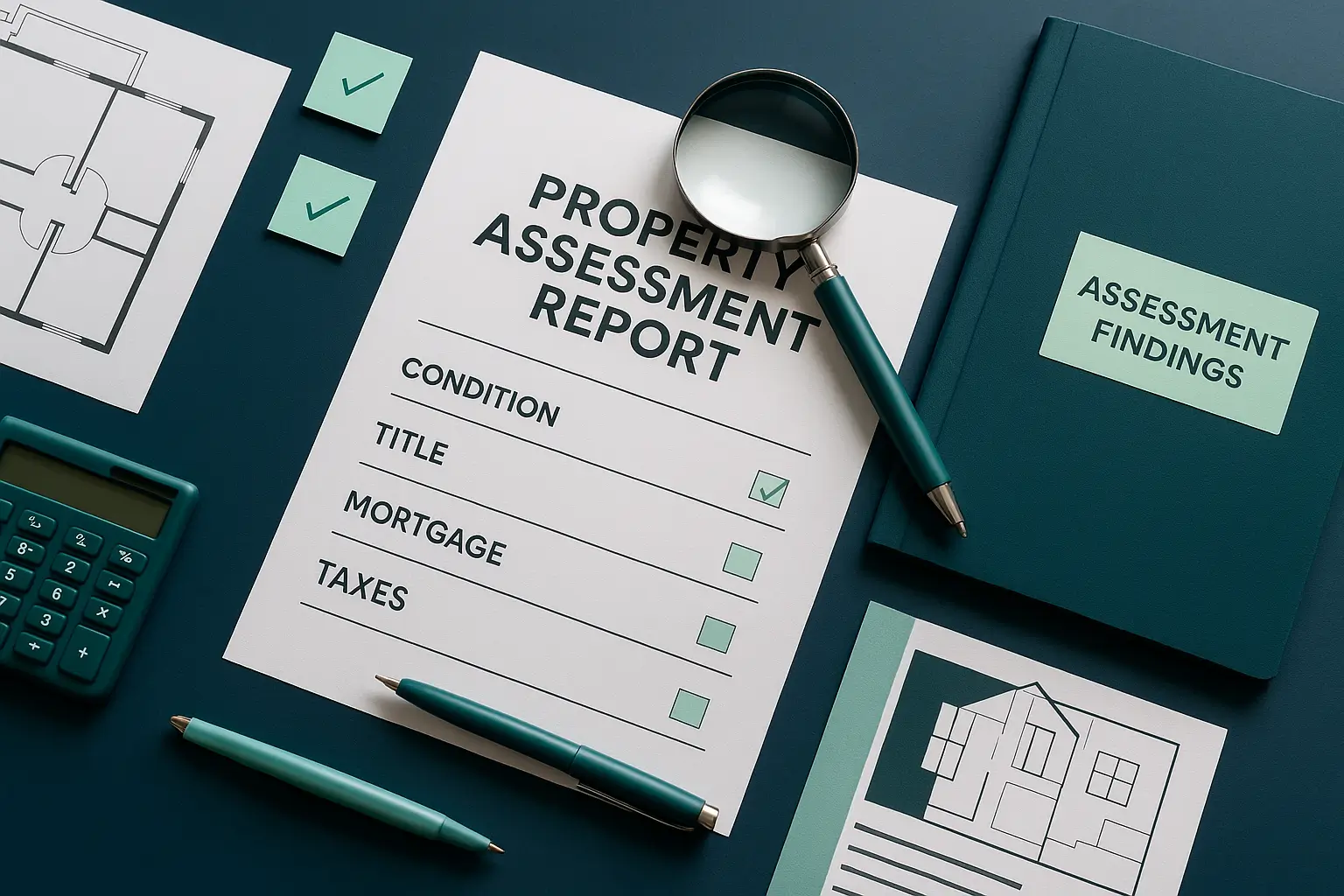 Property assessment report with magnifying glass, pen, and floor plan on navy desk symbolizing estate property evaluation and documentation in Pennsylvania probate.