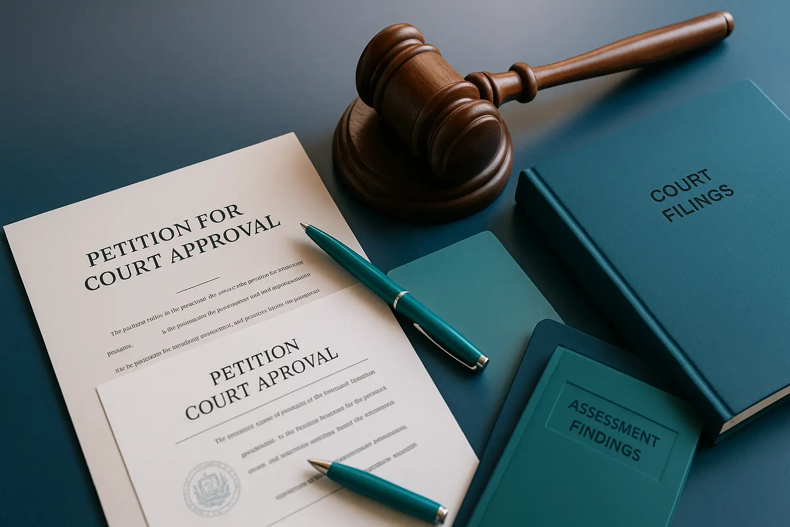 Document labeled Petition for Court Approval with gavel, court seal, and teal folder on navy desk symbolizing Pennsylvania probate court approval process for estate property sales.