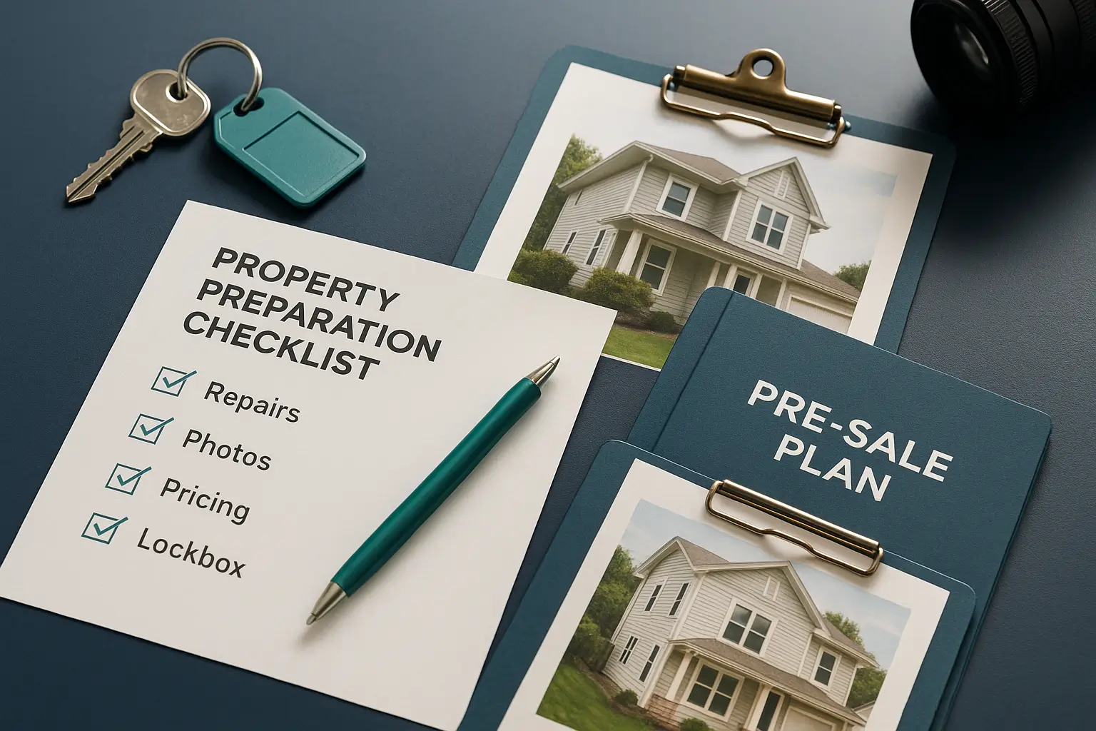 Property preparation checklist, house keys with teal tag, and property photo on navy desk symbolizing pre-sale planning and estate property readiness in Pennsylvania probate.