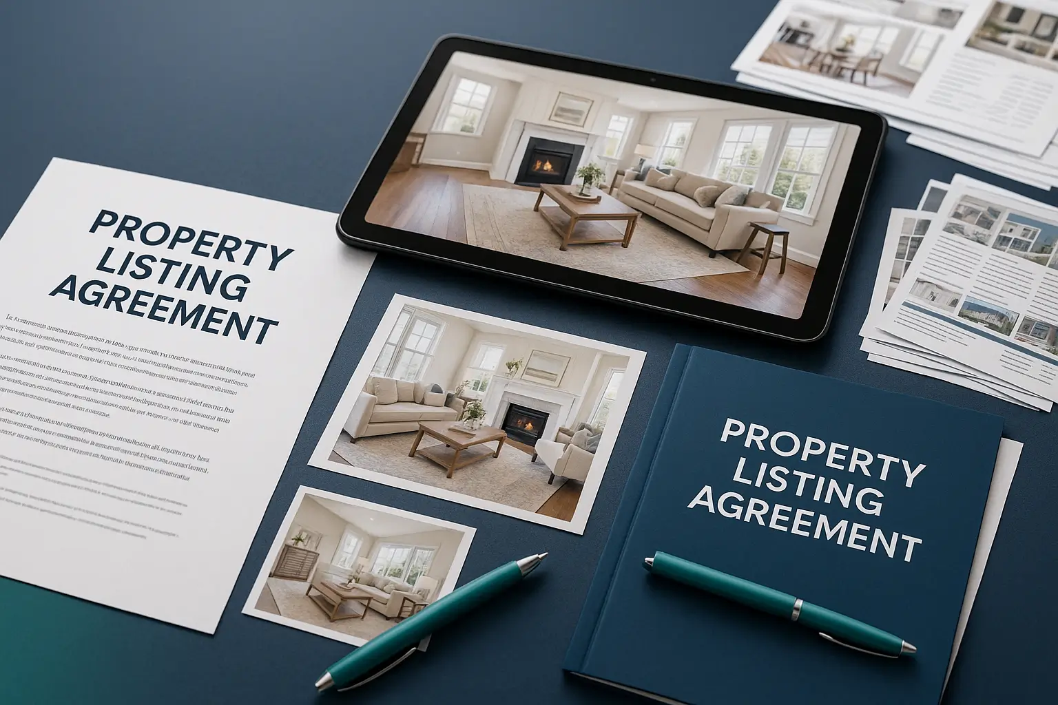 Property Listing Agreement with tablet showing home listing and marketing materials on navy desk symbolizing active estate property marketing in Pennsylvania probate.
