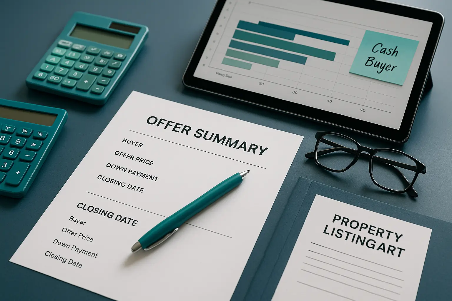 Offer summary document with calculator, pen, and tablet showing comparison chart on navy desk symbolizing estate property offer evaluation and negotiation in Pennsylvania probate.