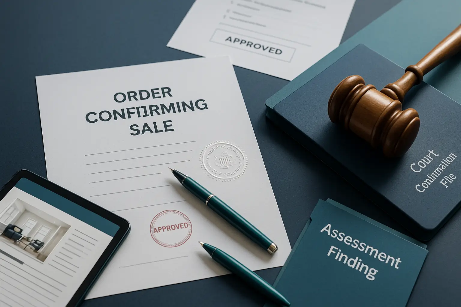 Court order labeled Order Confirming Sale with gavel, court seal, and teal pen on navy desk symbolizing final court confirmation of estate property sale in Pennsylvania probate.