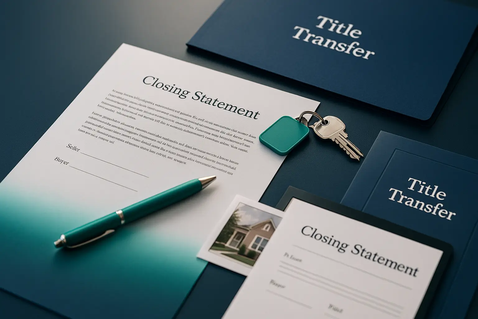 Closing statement document with teal keychain, house keys, and pen on navy desk symbolizing estate property closing and ownership transfer in Pennsylvania probate.