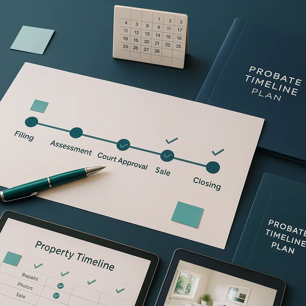 Printed estate timeline with teal pen, calendar, and folder on navy desk symbolizing structured probate property sale process and duration in Pennsylvania.