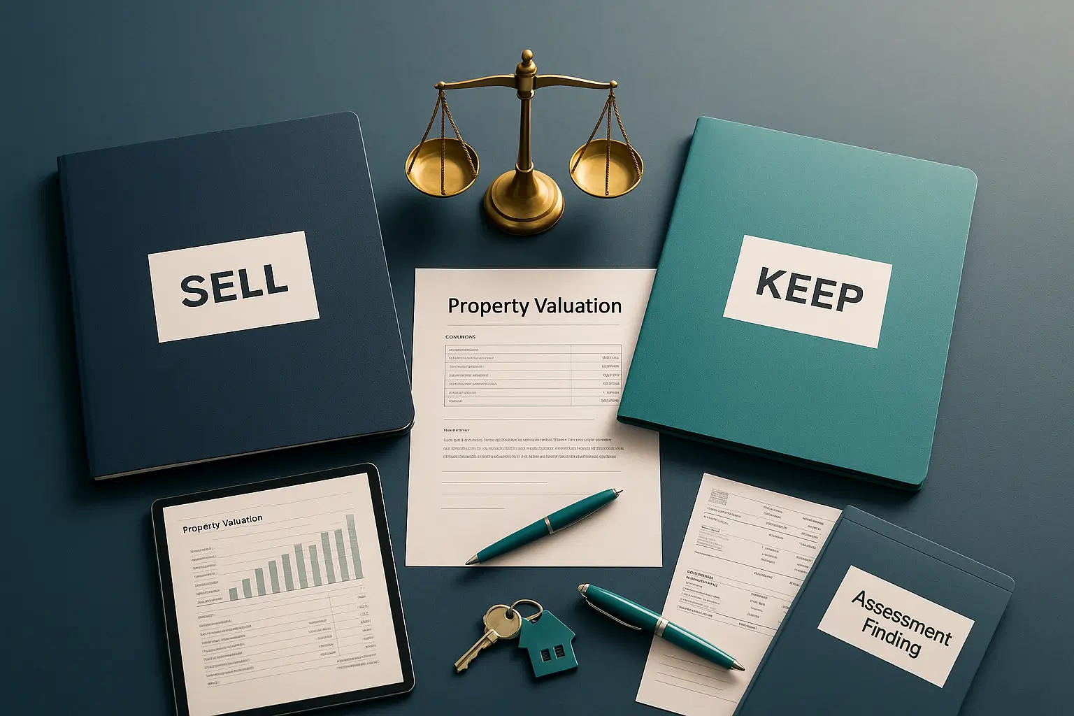 Sell and Keep folders with balanced scales and property valuation sheet on navy desk representing estate decision-making and family resolution in Pennsylvania probate.