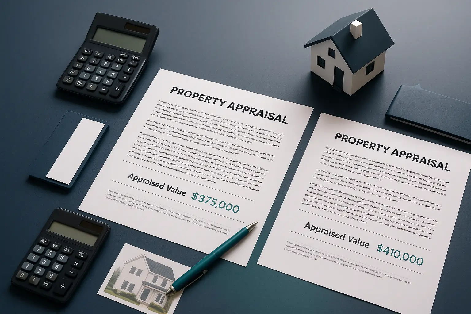 Two property valuation reports with calculator and teal pen on navy desk symbolizing objective appraisal and resolution of price disagreements in Pennsylvania probate.