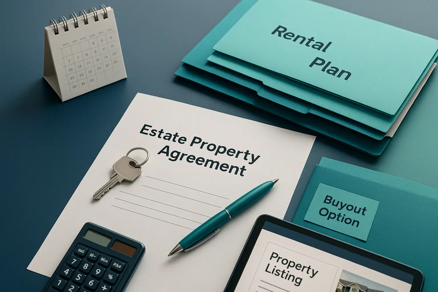 House key on estate property agreement with teal pen and calendar on navy desk symbolizing fair use and resolution of property occupancy disputes in Pennsylvania probate.