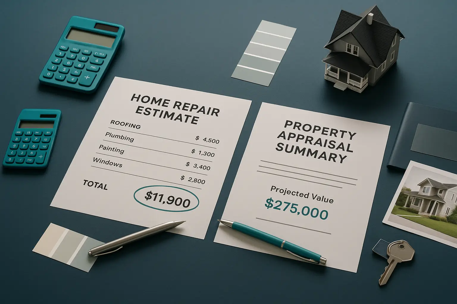 Home repair estimate and property appraisal summary with teal calculator and model house on navy desk representing repair investment disputes and estate cost benefit analysis in Pennsylvania probate.