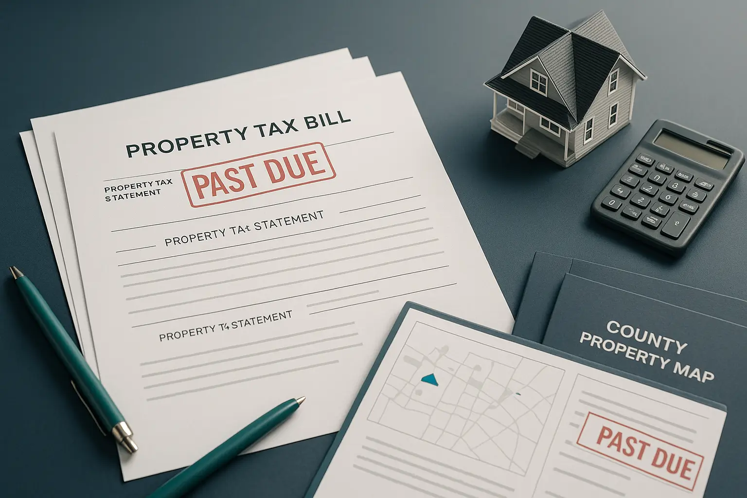 Stack of overdue property tax bills with calculator and teal pen on navy desk symbolizing estate debt management and overdue taxes in Pennsylvania probate.