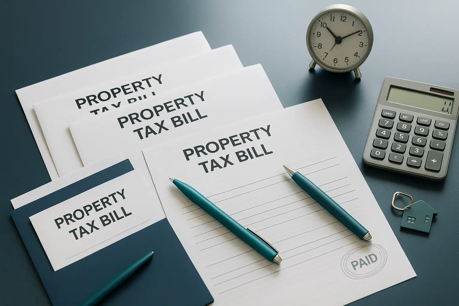 Stack of accumulating property tax bills with calculator and calendar on navy desk representing delinquent taxes and monthly penalties during Pennsylvania probate administration.